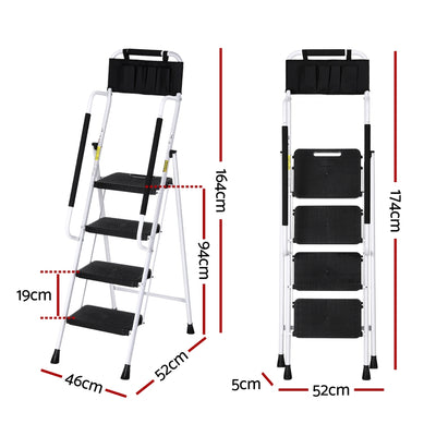 Giantz 4 Step Ladder Multi-Purpose Folding Steel Platform Tool Bag Handrails