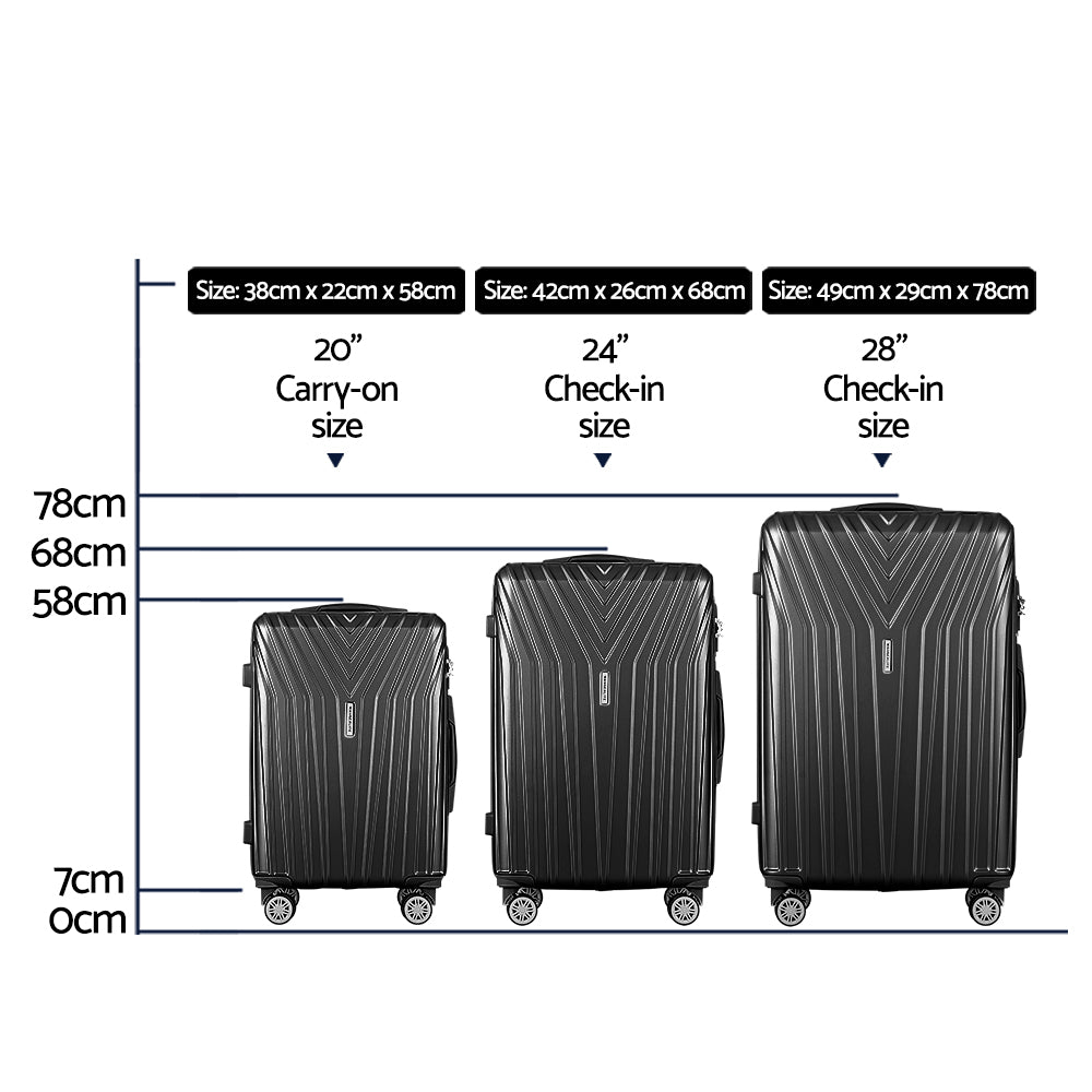 Wanderlite 3 Set Luggage 20-24-28 Inch Suitcase with TSA Lock Carry On Hard Shell Travel Luggage Organiser Case Black