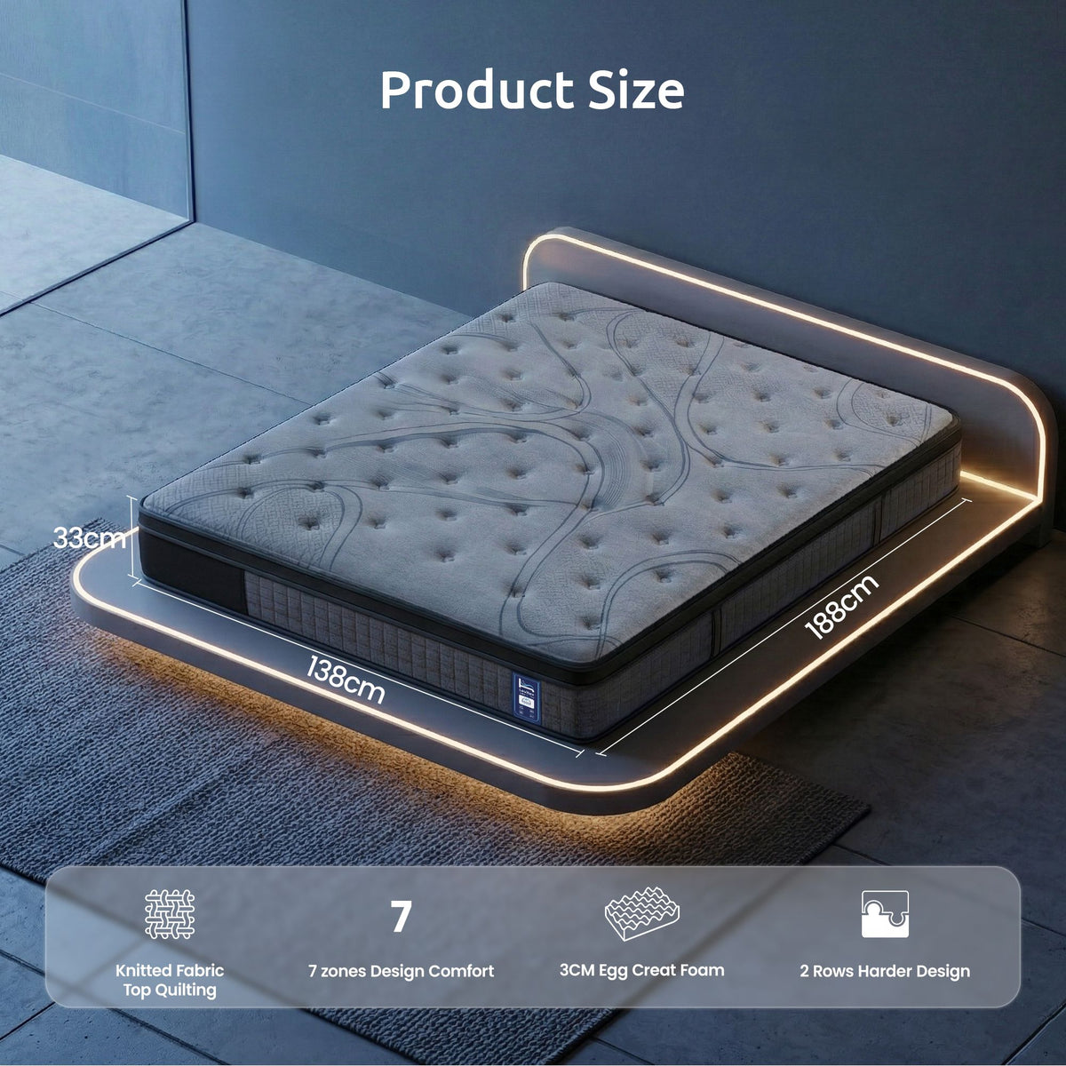 Levitex Double Mattress 33 cm 7-Zone Pocket Spring 8.0 Extra Firm with Dual-Row Edge Support & Breathable Knit Cover
