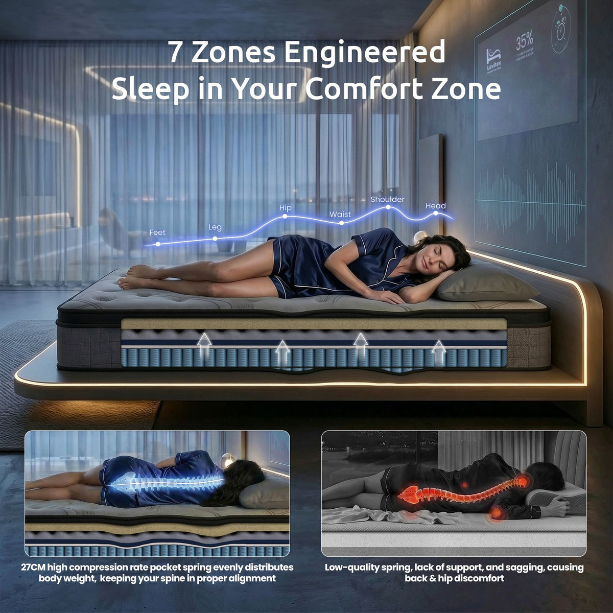Levitex King Single Mattress 33 cm 7-Zone Pocket Spring 8.0 Extra Firm with Dual-Row Edge Support & Breathable Knit Cover