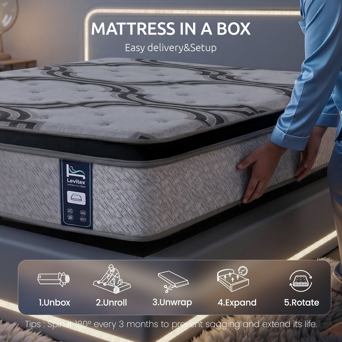 Levitex Single Mattress 34 cm 5-Zone Pocket Spring with Latex & Memory Foam or Extra Lumbar & Shoulder Support