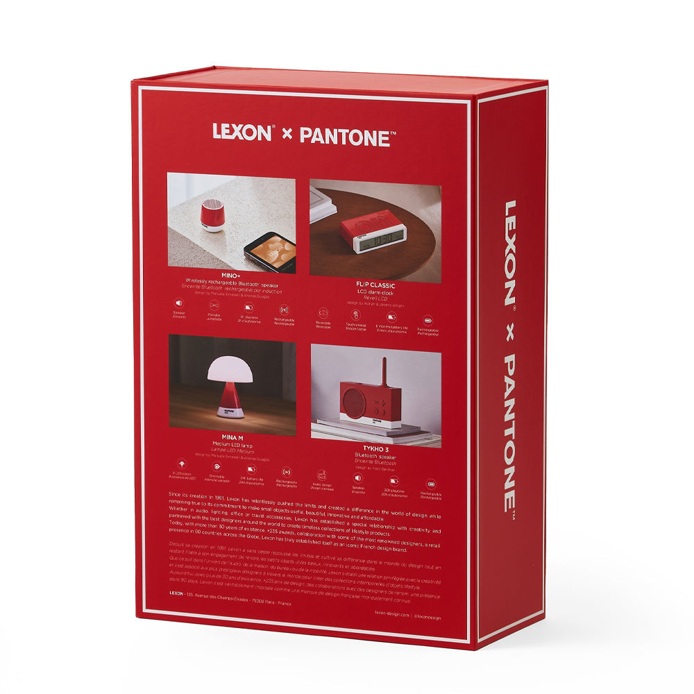 Lexon GIFT Set PANTONE - Includes Mino+ Mini Speaker, Flip Classic Clock, Mina M Lamp, Thykho 3 Speaker - 2035 Red