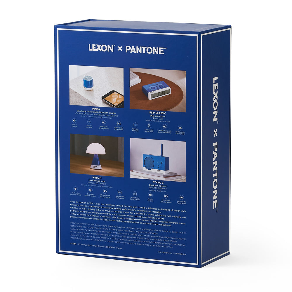 Lexon GIFT Set PANTONE - Includes Mino+ Mini Speaker, Flip Classic Clock, Mina M Lamp, Thykho 3 Speaker - Classic Blue