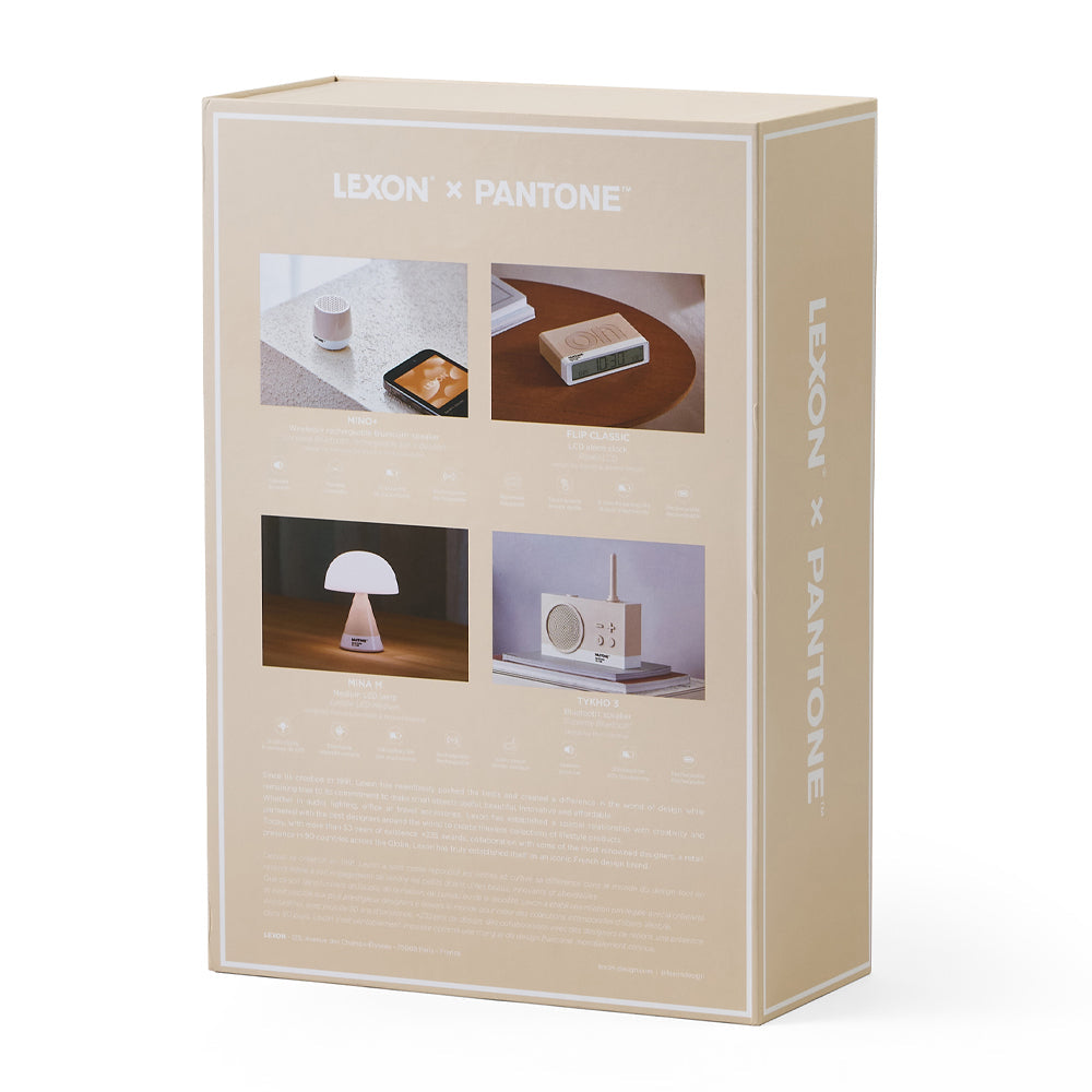 Lexon GIFT Set PANTONE - Includes Mino+ Mini Speaker, Flip Classic Clock, Mina M Lamp, Thykho 3 Speaker - Sand