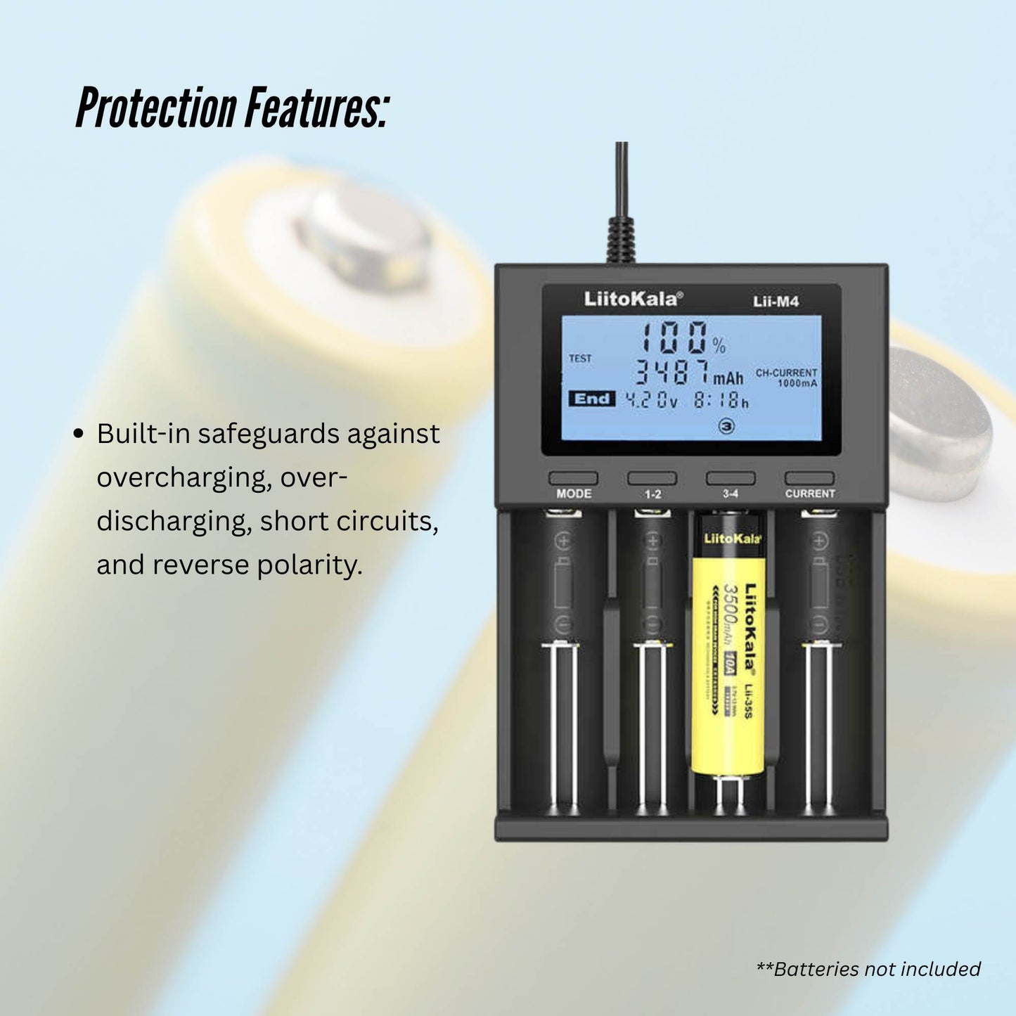 LiitoKala Lii-M4 Smart Battery Charger LCD - 4-Slot USB for 18650 AA AAA Li-ion