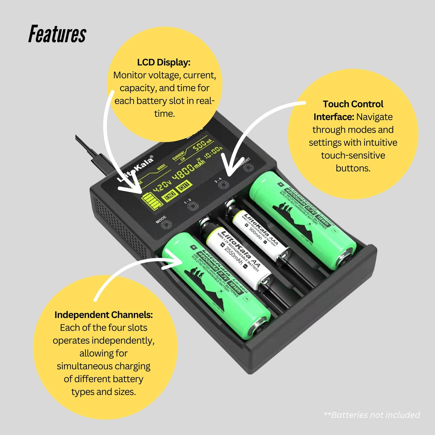 LiitoKala Lii-M4S Battery Charger LCD 4-Slot USB Li-ion NiMH Test Discharge Mode