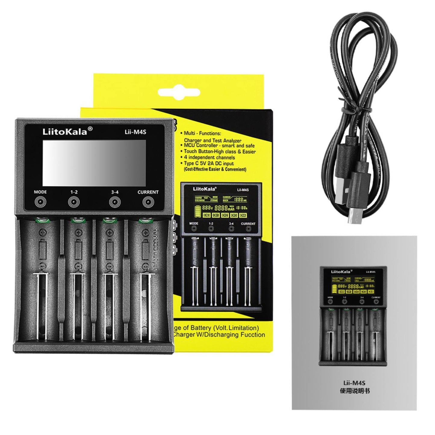 LiitoKala Lii-M4S Battery Charger LCD 4-Slot USB Li-ion NiMH Test Discharge Mode
