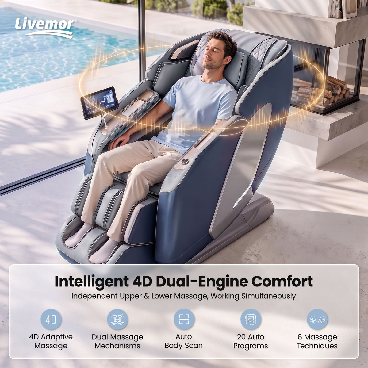 Livemor 4D Massage Chair Double Core SL Track Recliner Full Body Zero Gravity Heat Body Scan Melisa