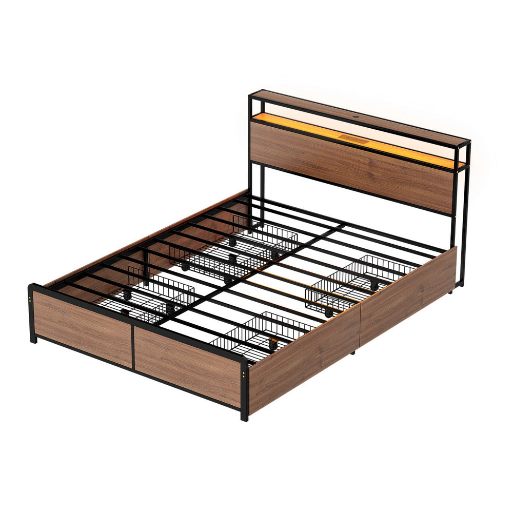 Artiss Metal Bed Frame Queen Size LED Storage Headboard USB Charge 4 Drawers