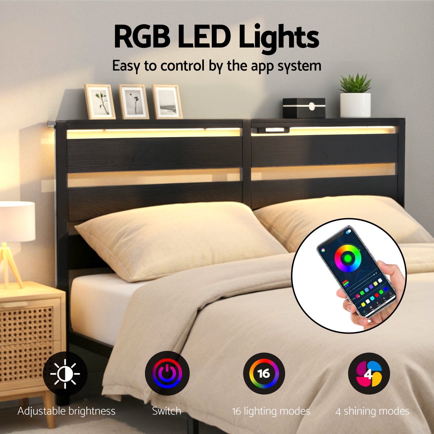 Artiss Bed Frame Queen Size LED Metal Bed Base with Charging Station