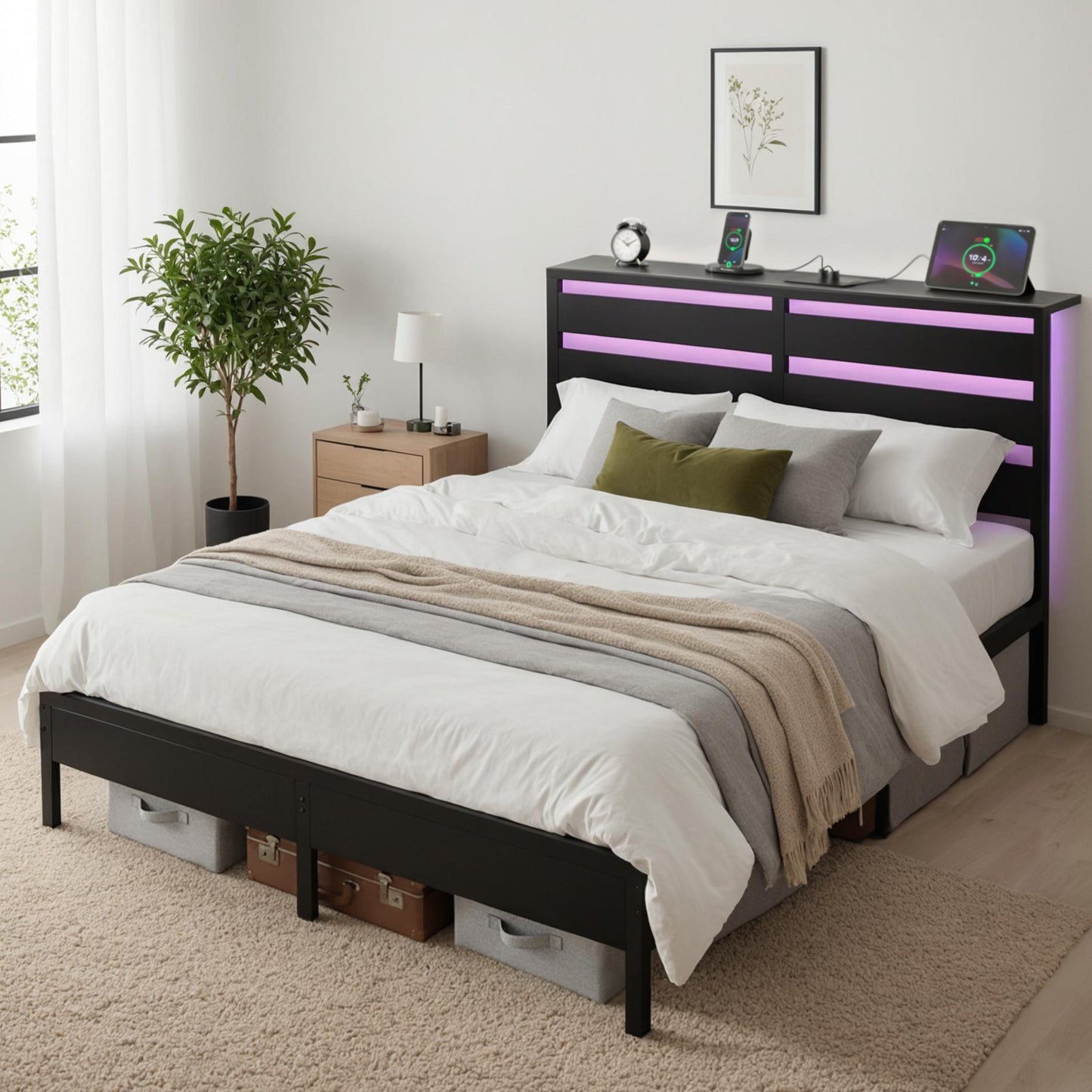 Artiss Bed Frame Queen Size LED Metal Bed Base with Charging Station