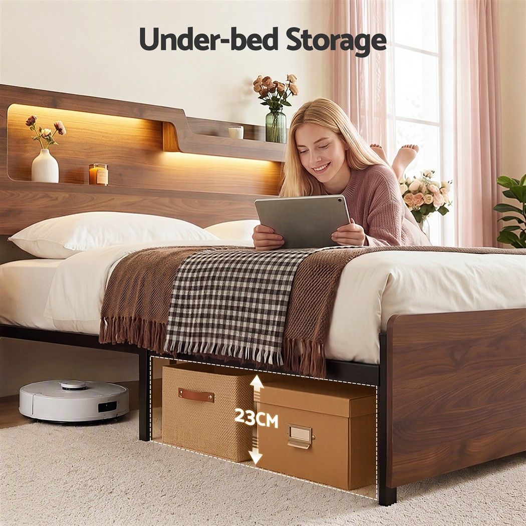 Artiss King Bed Frame Metal with Charging Station LED Light Storage Shelf