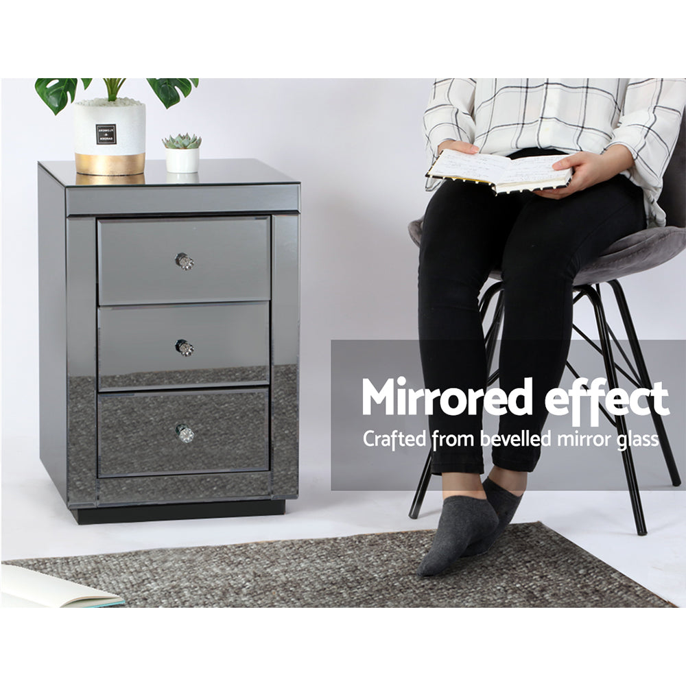 Artiss Bedside Table 3 Drawers Mirrored - PRESIA Grey