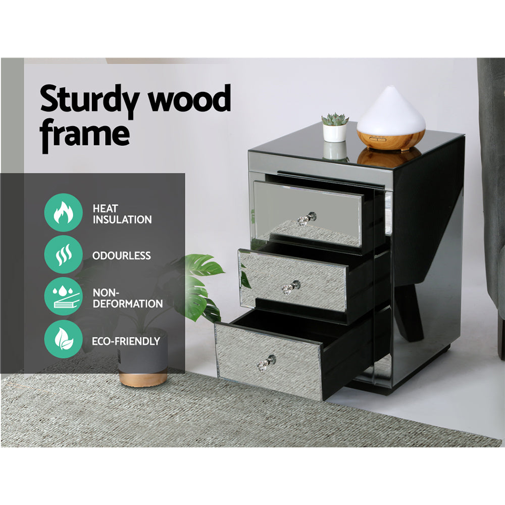 Artiss Bedside Table 3 Drawers Mirrored - PRESIA Grey