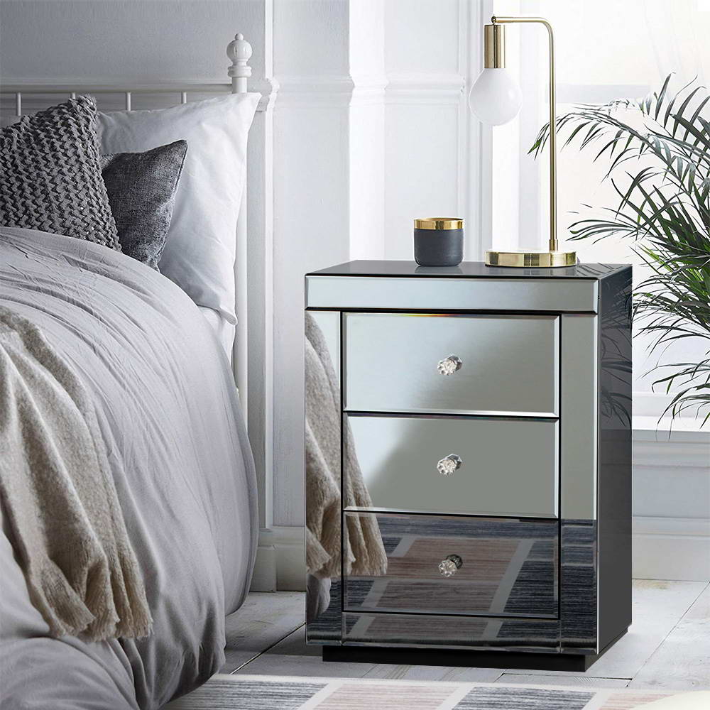 Artiss Bedside Table 3 Drawers Mirrored - PRESIA Grey