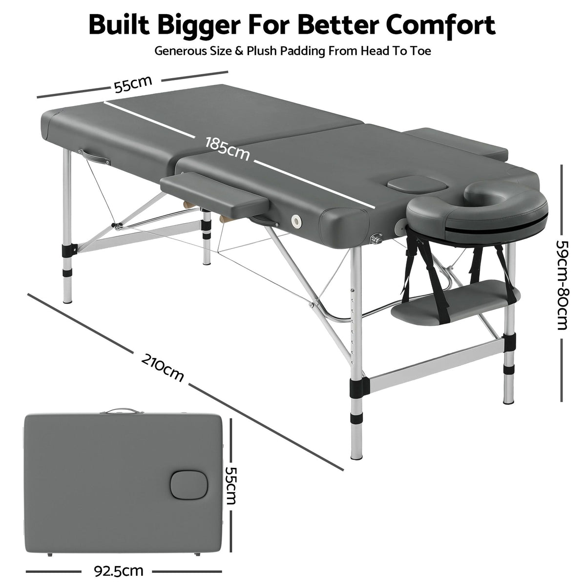 Zenses Massage Table 55cm Portable 2 Fold Aluminium Beauty Bed Grey