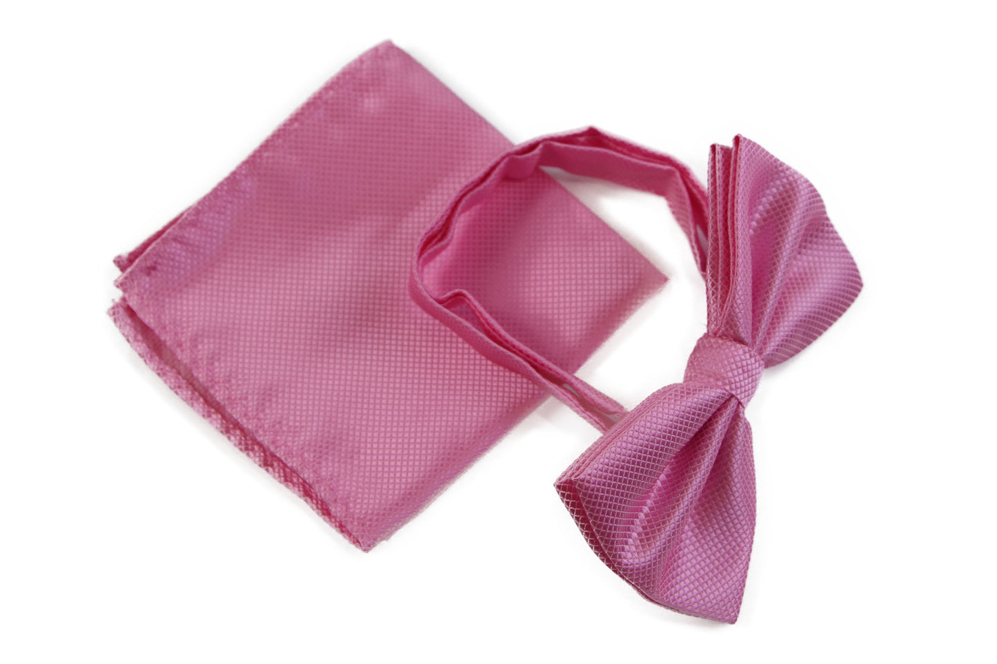 Mens Baby Pink Plain Coloured Checkered Bow Tie & Matching Pocket Square Set