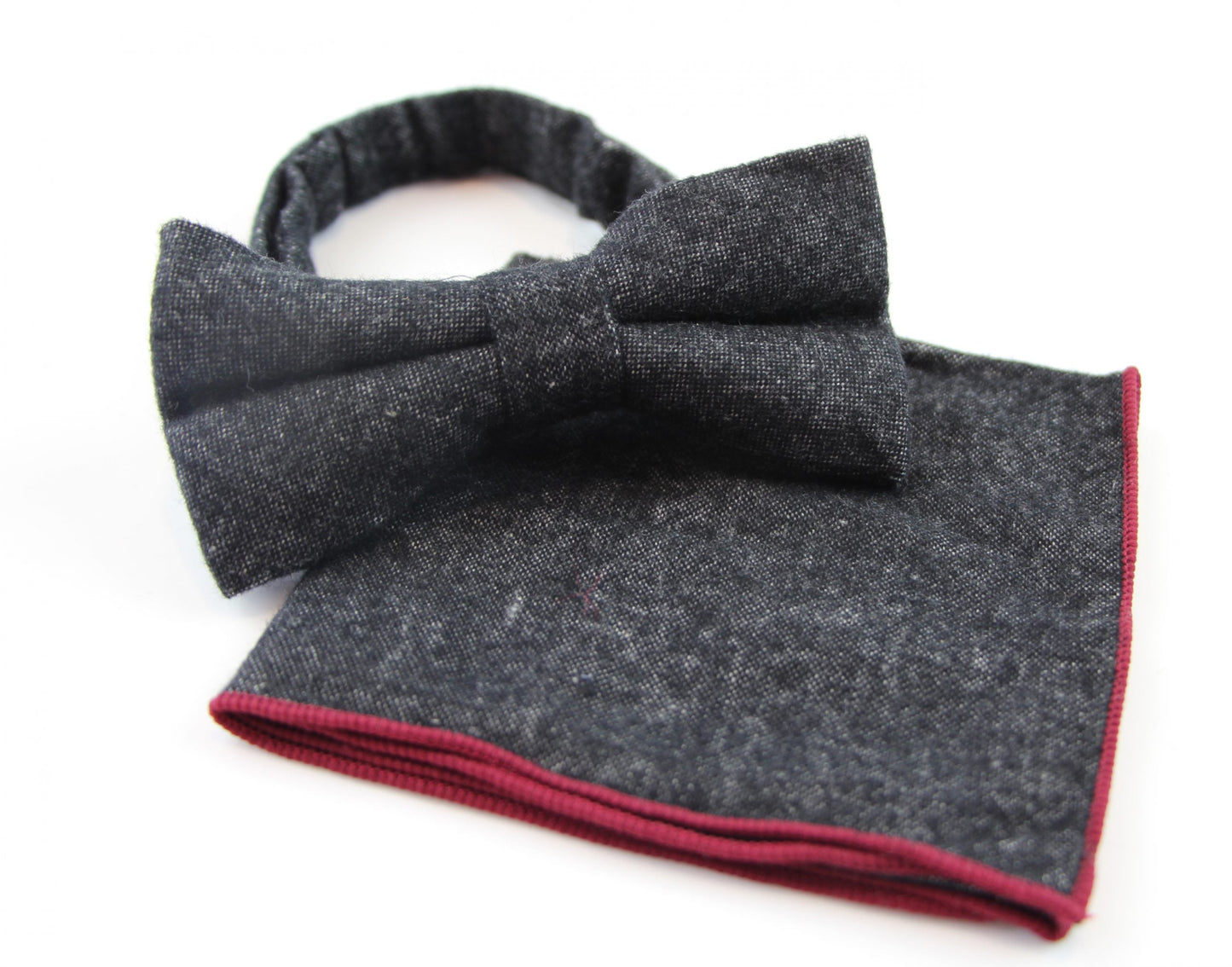Mens Black Denim & Maroon Trim Cotton Bow Tie & Pocket Square Set