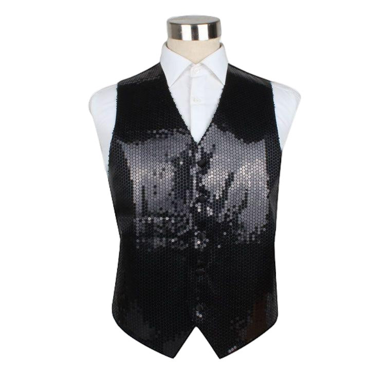 Mens Black Sequin Patterned Vest Waistcoat