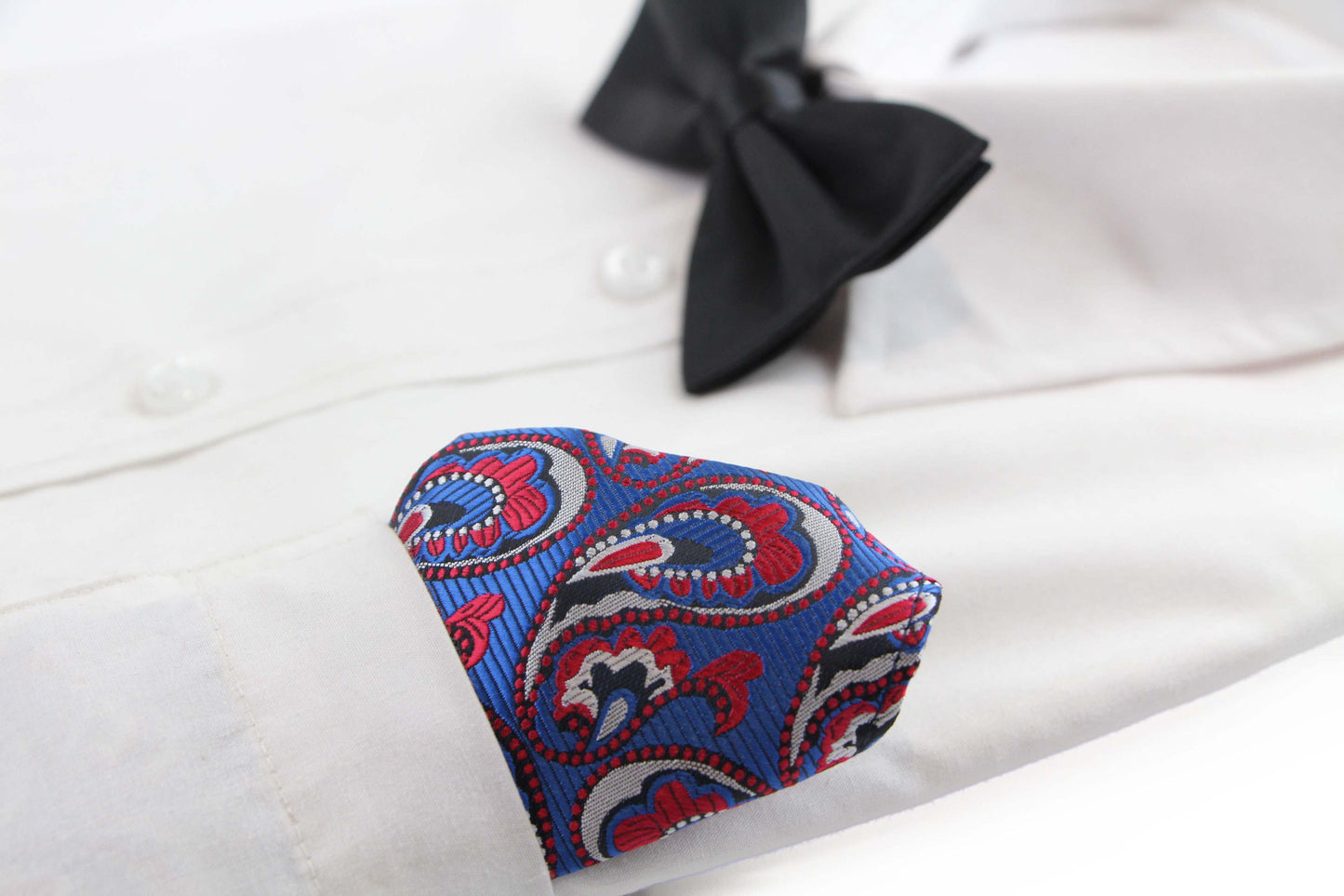 Mens Blue, Red & Silver Paisley Silk Pocket Square