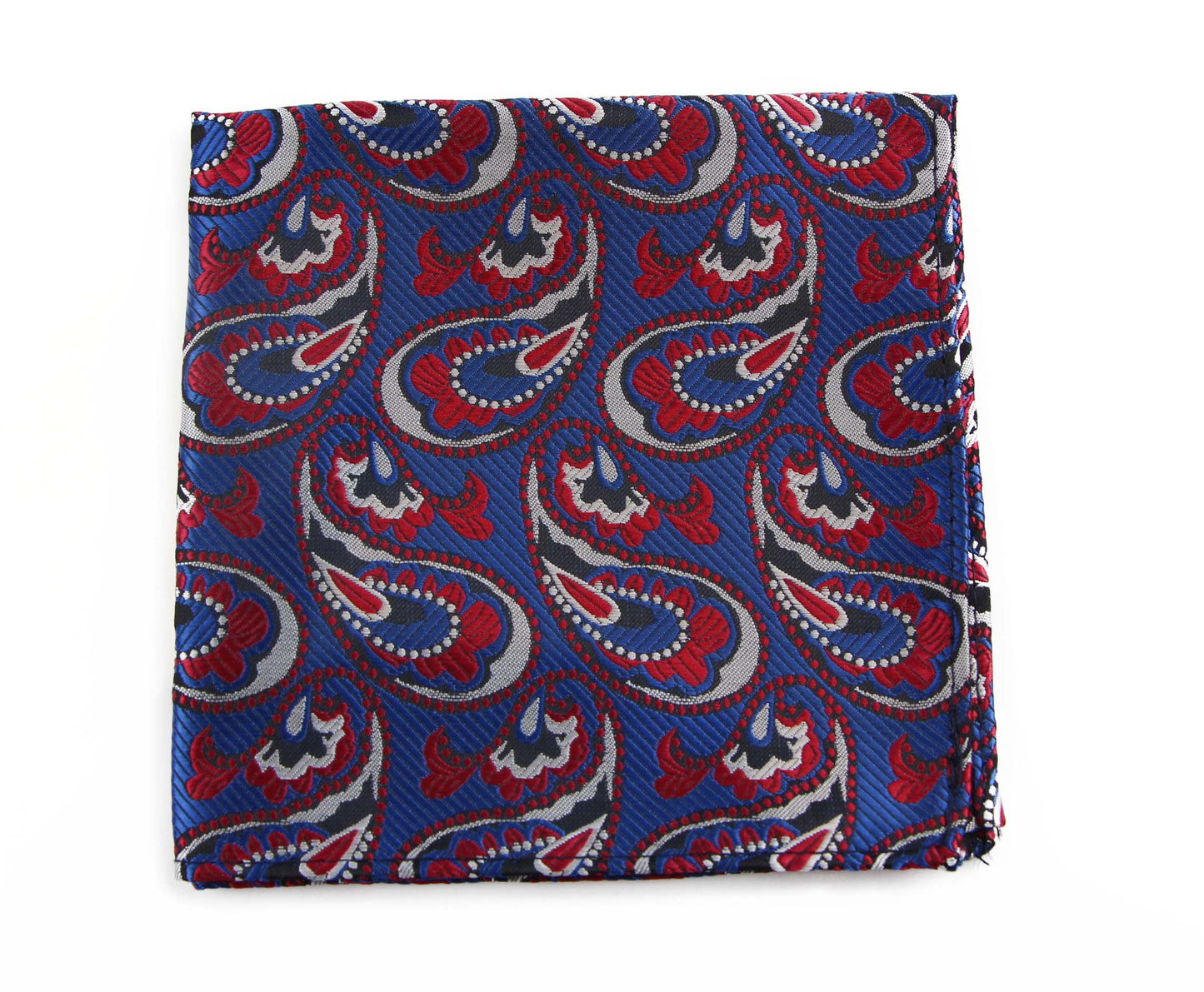 Mens Blue, Red & Silver Paisley Silk Pocket Square