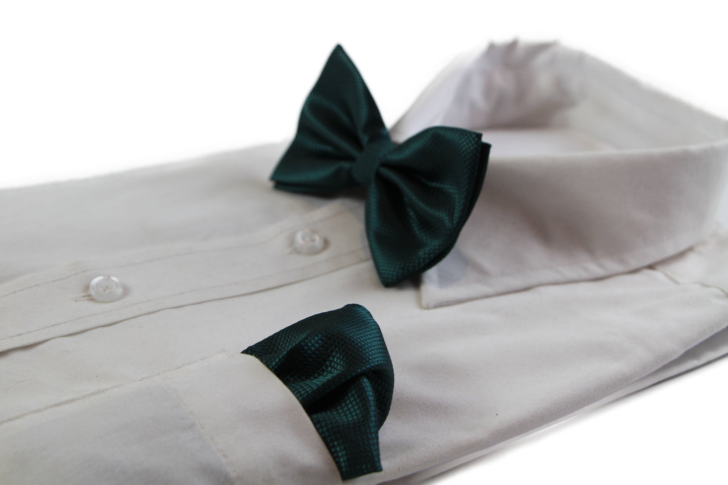 Mens Bottle Green Plain Coloured Checkered Bow Tie & Matching Pocket Square Set