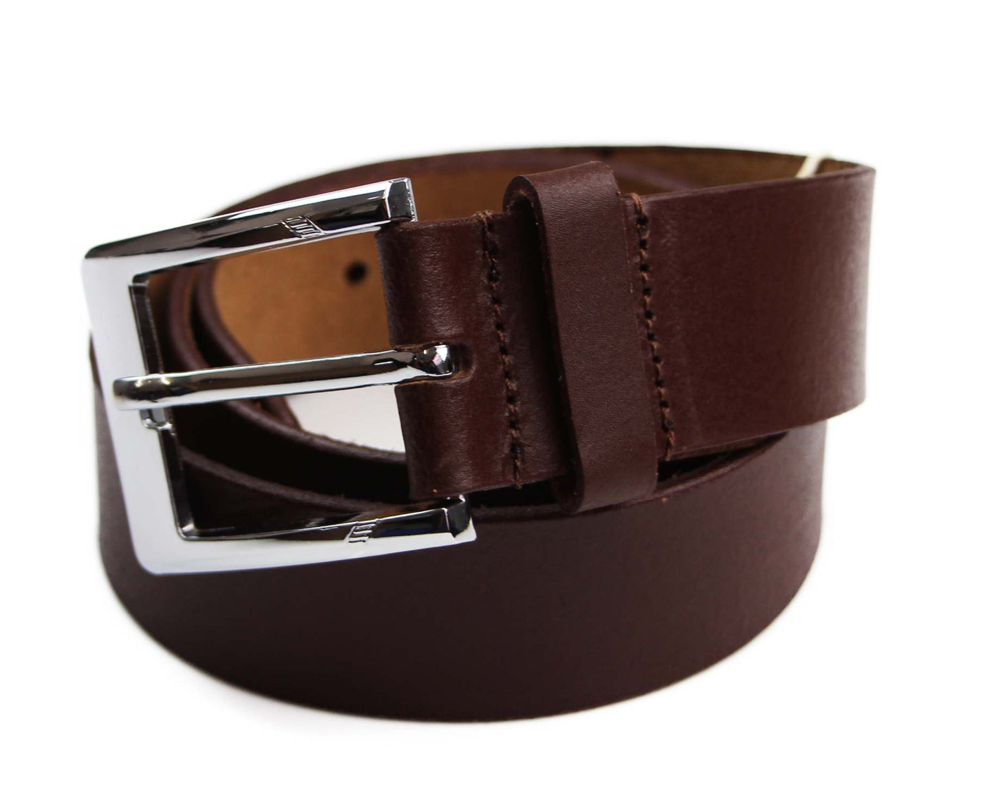 Mens Brown Leather Belt With Curved Silver Buckle