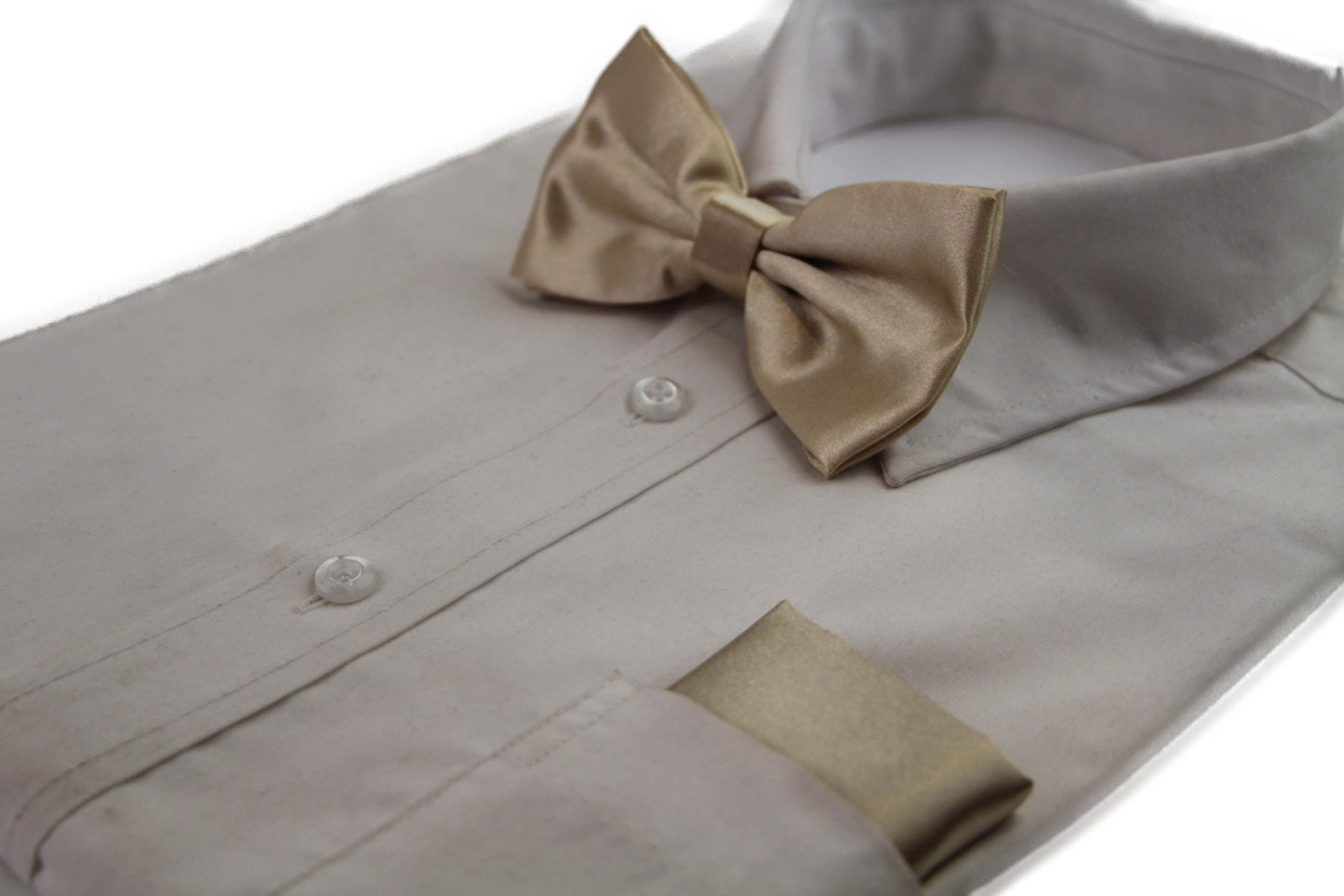 Mens Champagne Plain Bow Tie & Matching Pocket Square Set