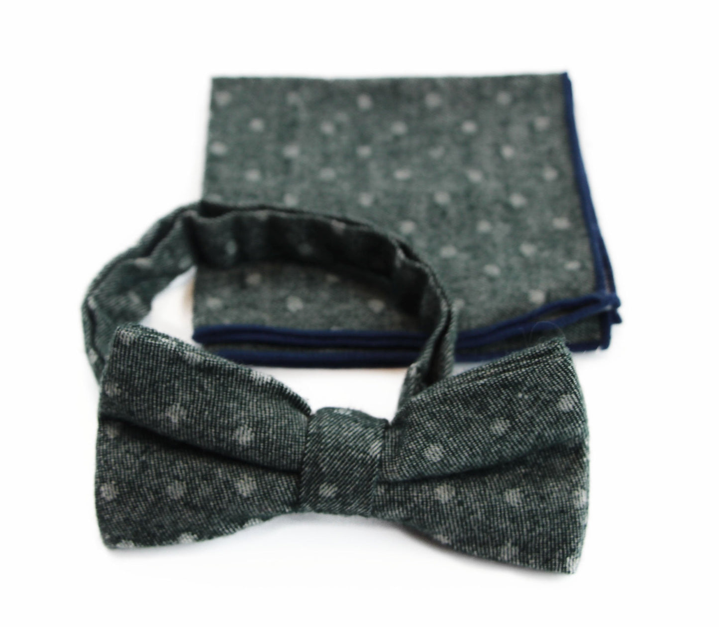 Mens Green Denim With White Dots Cotton Bow Tie & Pocket Square Set