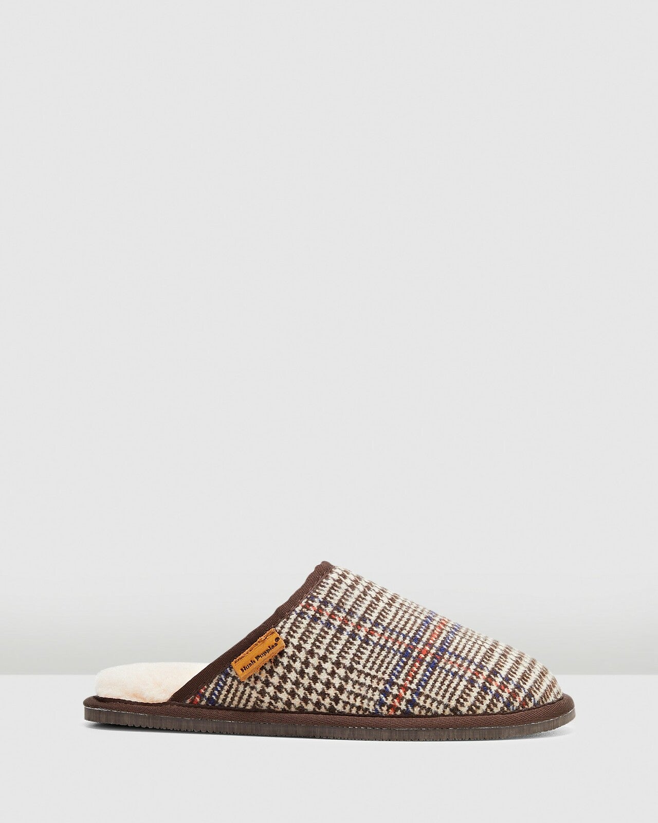 Mens Hush Puppies Sled Slippers Slip On Shoes Natural Plaid Leather Wool