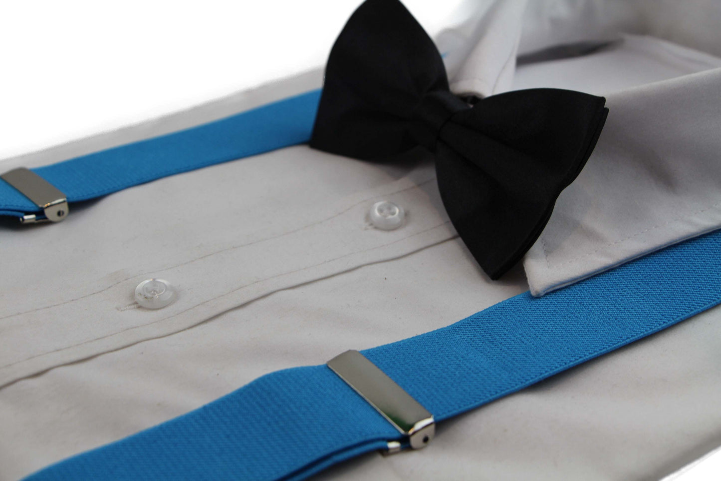 Mens Light Blue 100cm Wide Suspenders & Black Bow Tie Set