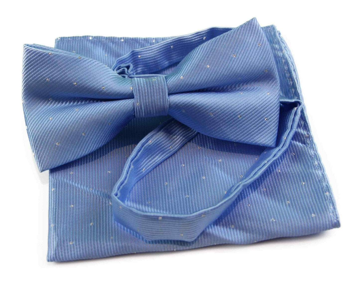 Mens Light Blue With Silver Stars Matching Bow Tie & Pocket Square Set