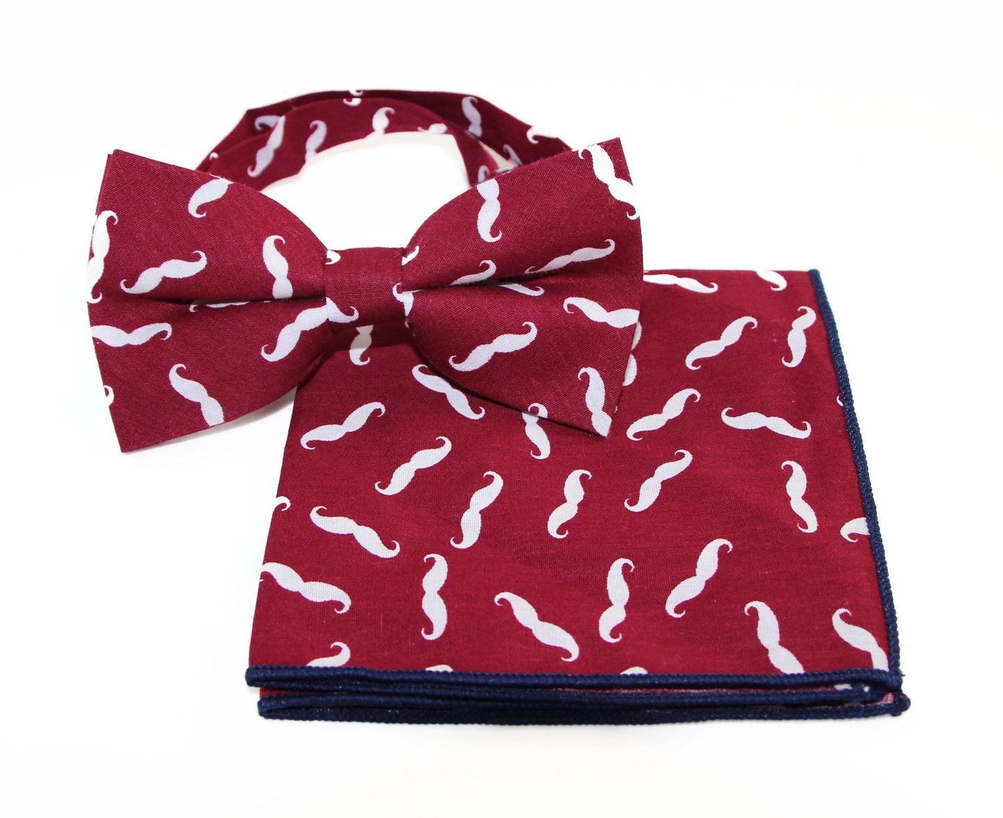 Mens Maroon & White Moustache Cotton Bow Tie & Pocket Square Set