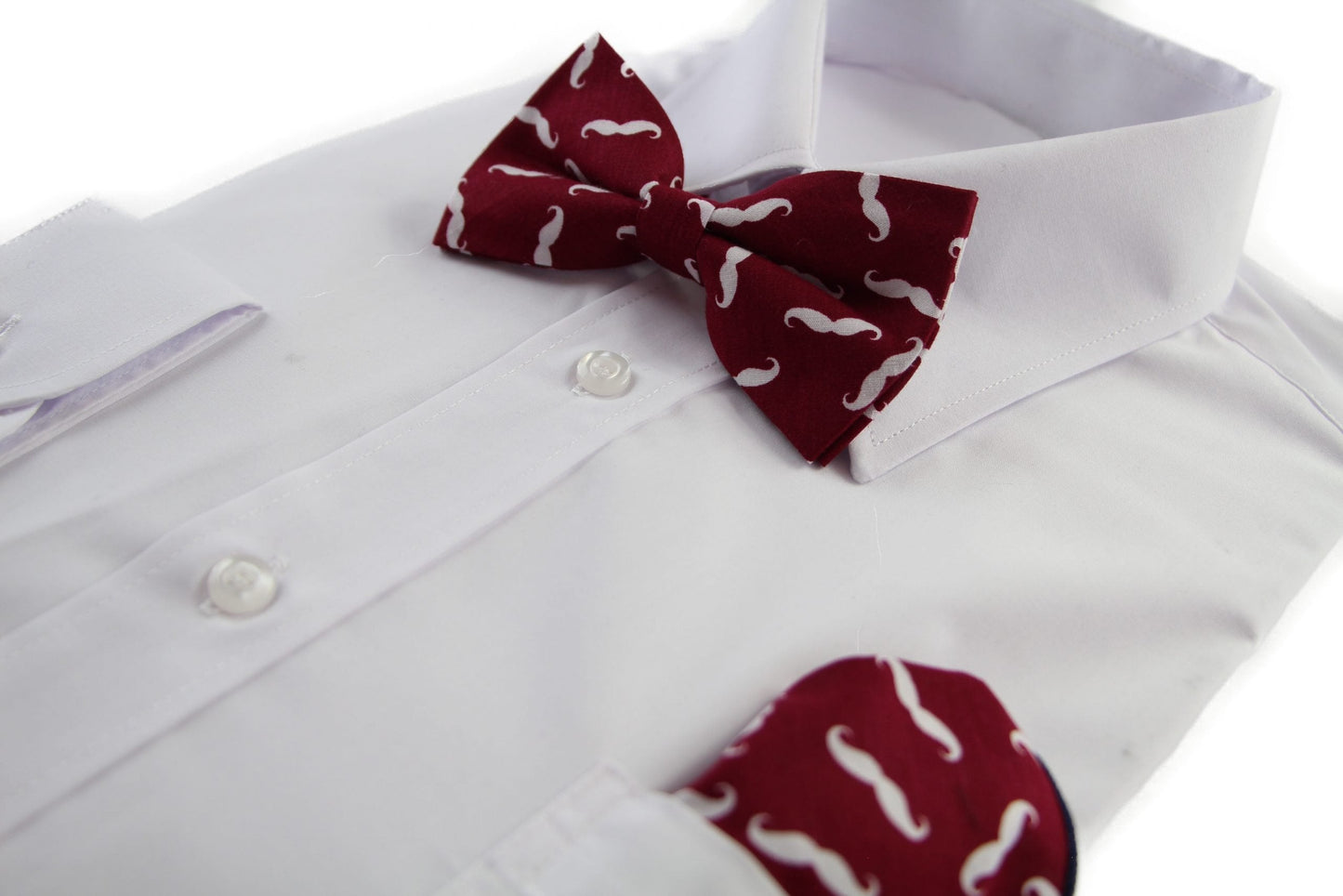 Mens Maroon & White Moustache Cotton Bow Tie & Pocket Square Set