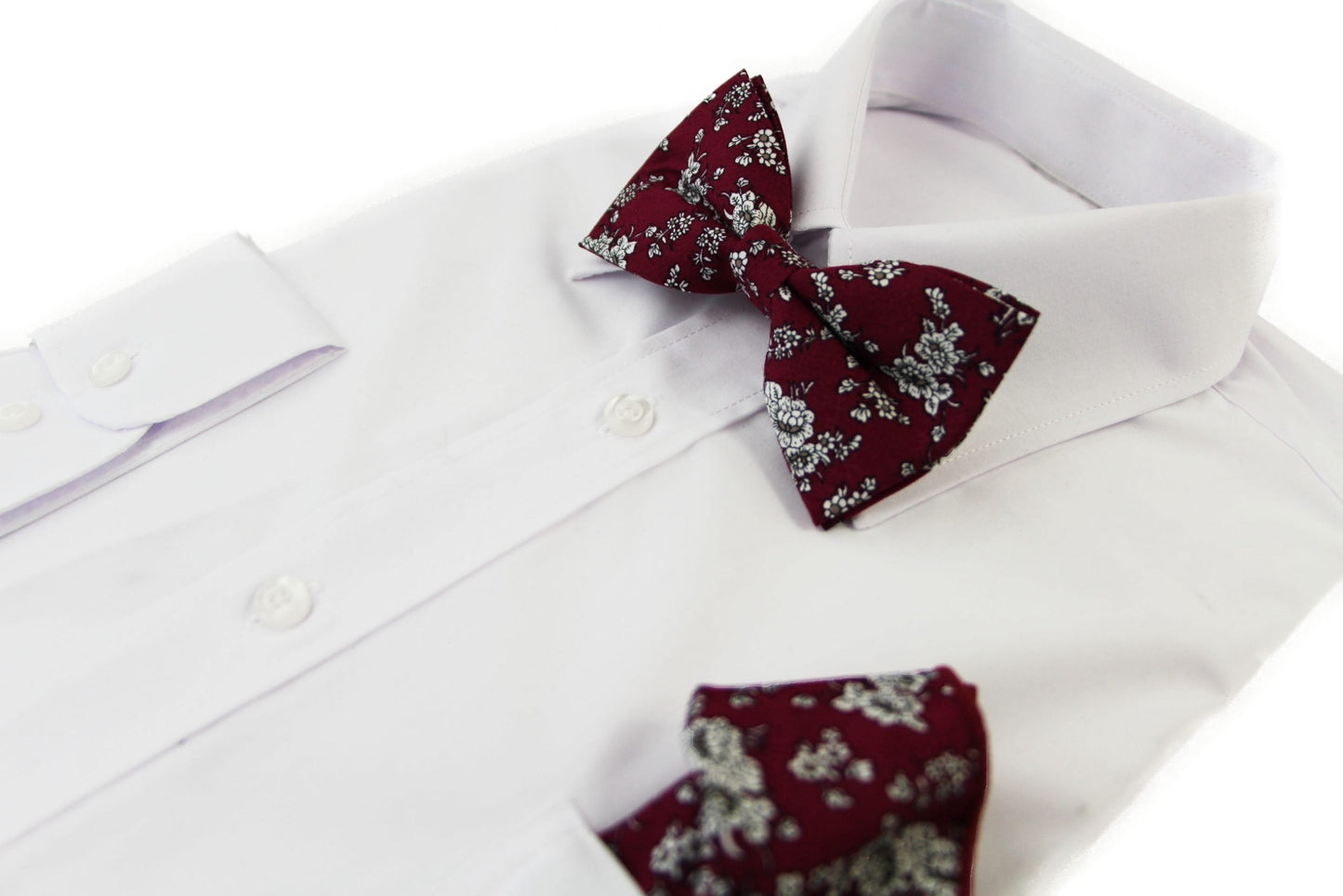 Mens Maroon With White Flowers Cotton Bow Tie & Pocket Square Set