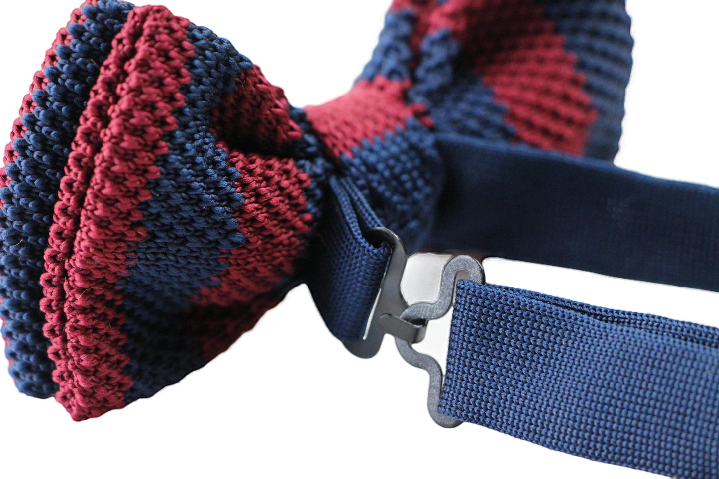 Mens Navy And Maroon Thick Vertical Striped Knitted Bow Tie