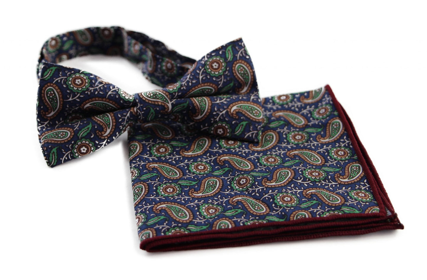 Mens Navy, Cream, Green Paisley Cotton Bow Tie & Pocket Square Set