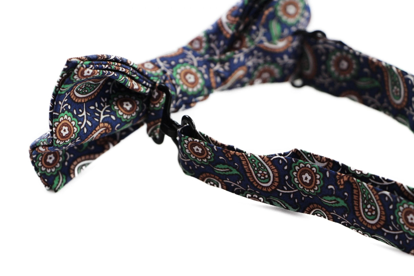 Mens Navy, Cream, Green Paisley Cotton Bow Tie & Pocket Square Set