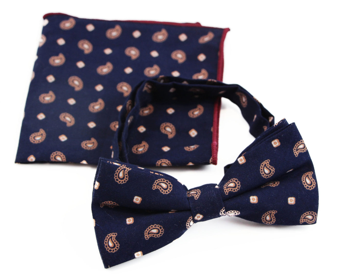 Mens Navy & Tan Scattered Paisley Cotton Bow Tie And Pocket Square Set