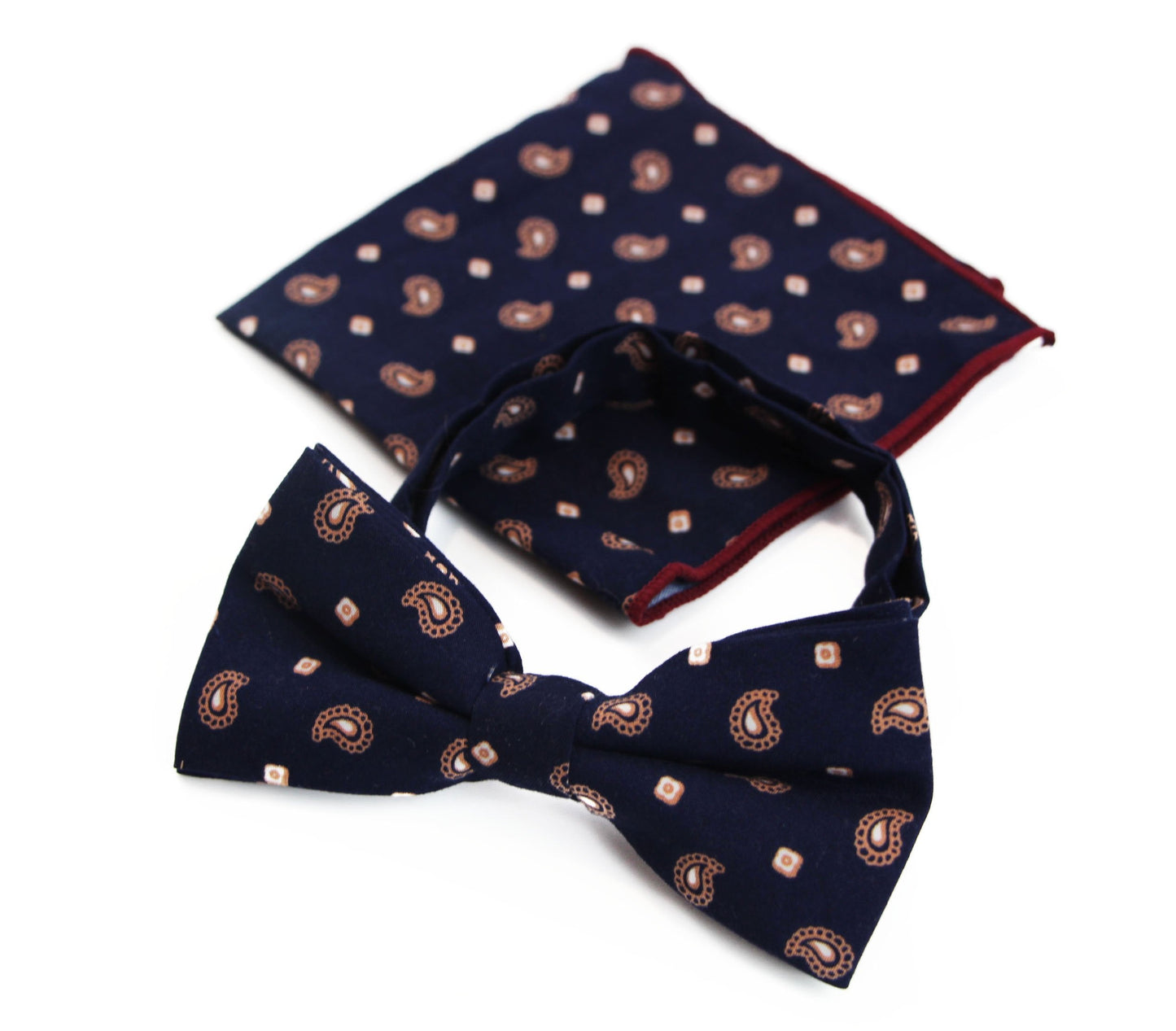 Mens Navy & Tan Scattered Paisley Cotton Bow Tie And Pocket Square Set