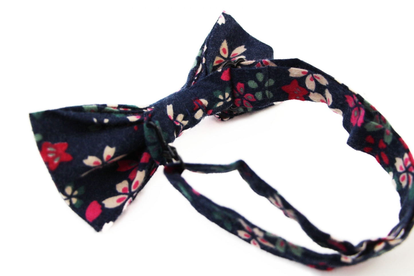 Mens Navy With Pink, Cream & Green Flowers Cotton Bow Tie & Pocket Square Set