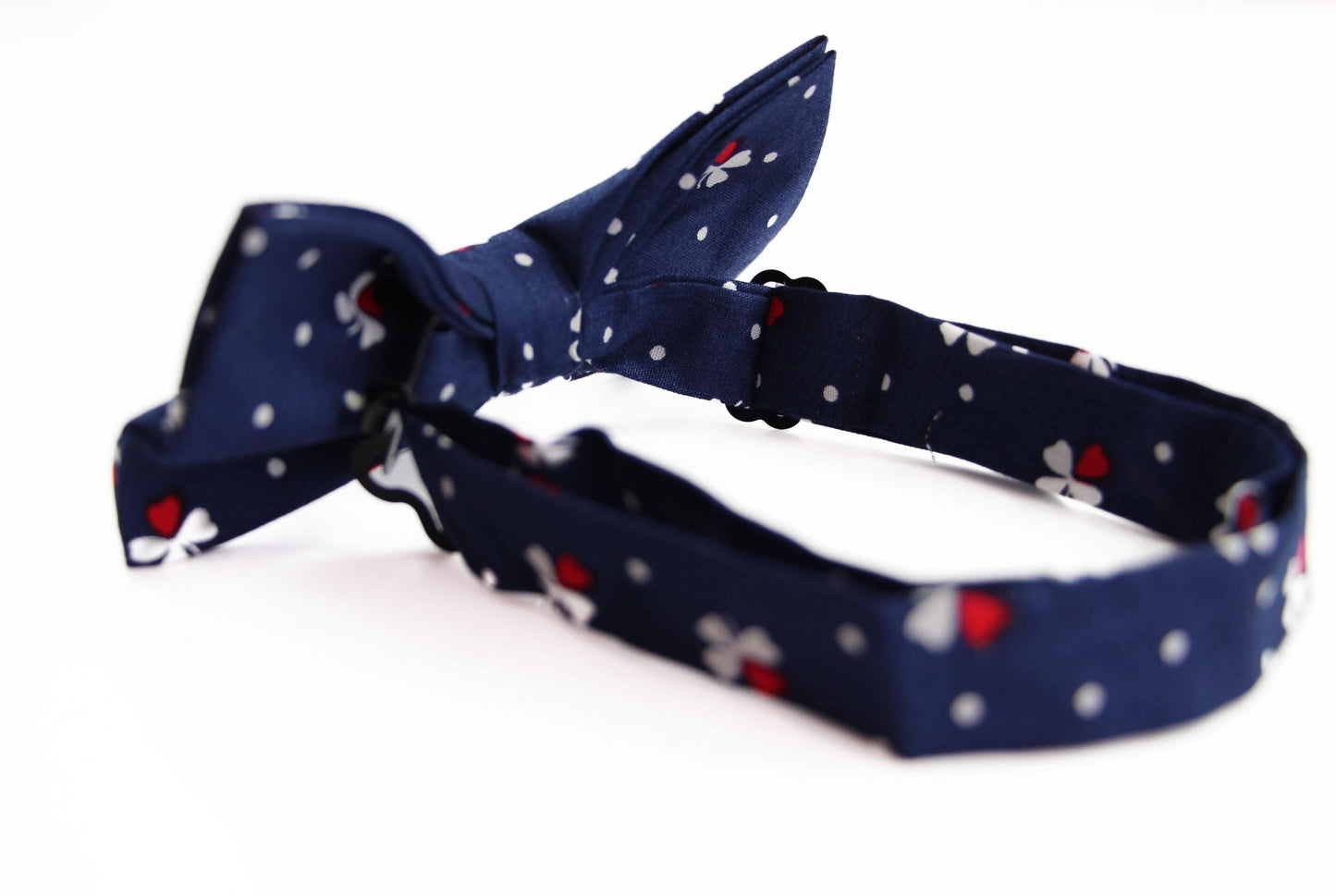 Mens Navy, With Red & White Clover Cotton Bow Tie & Pocket Square Set