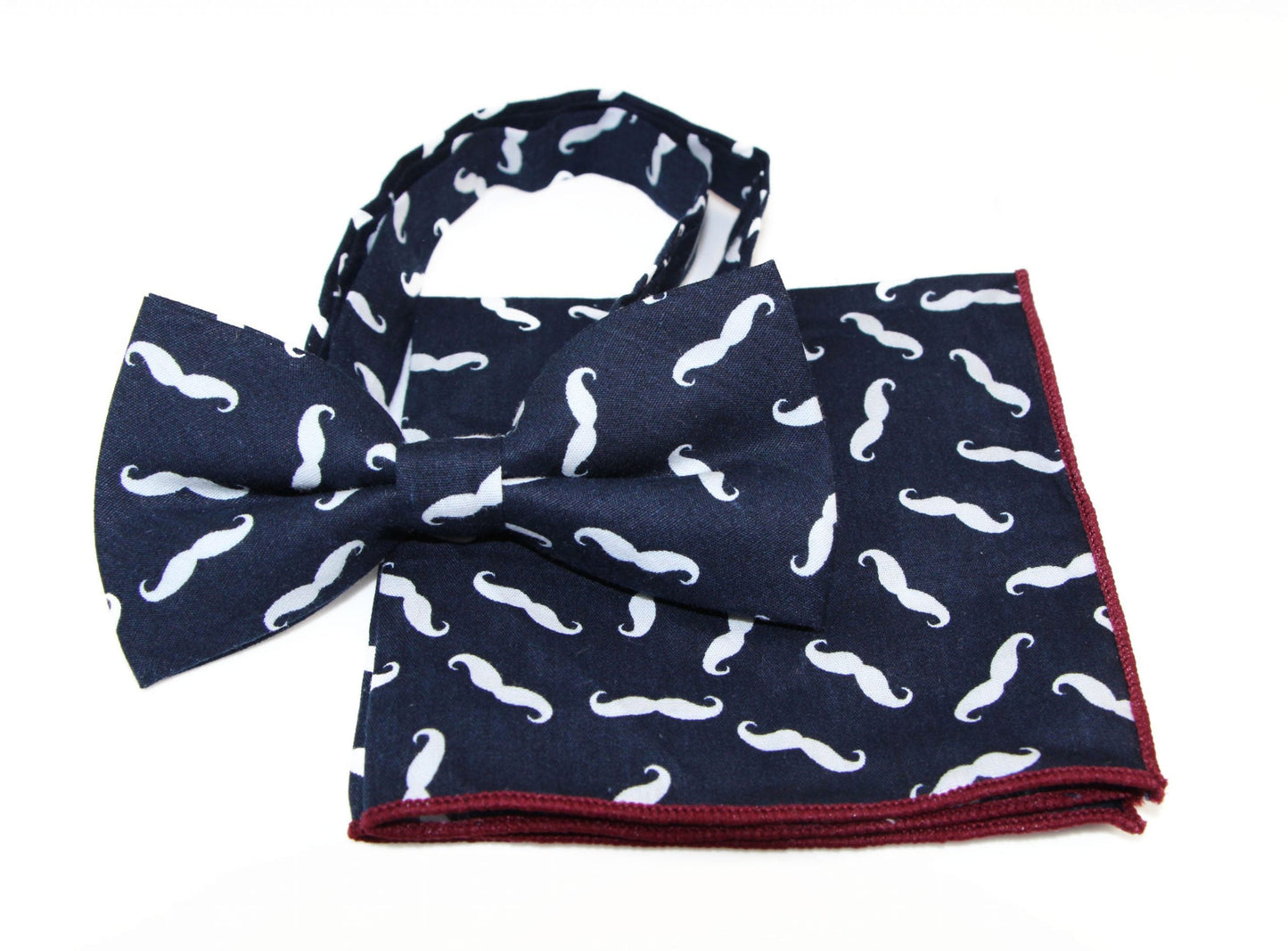 Mens Navy With White Moustache Cotton Bow Tie & Pocket Square Set