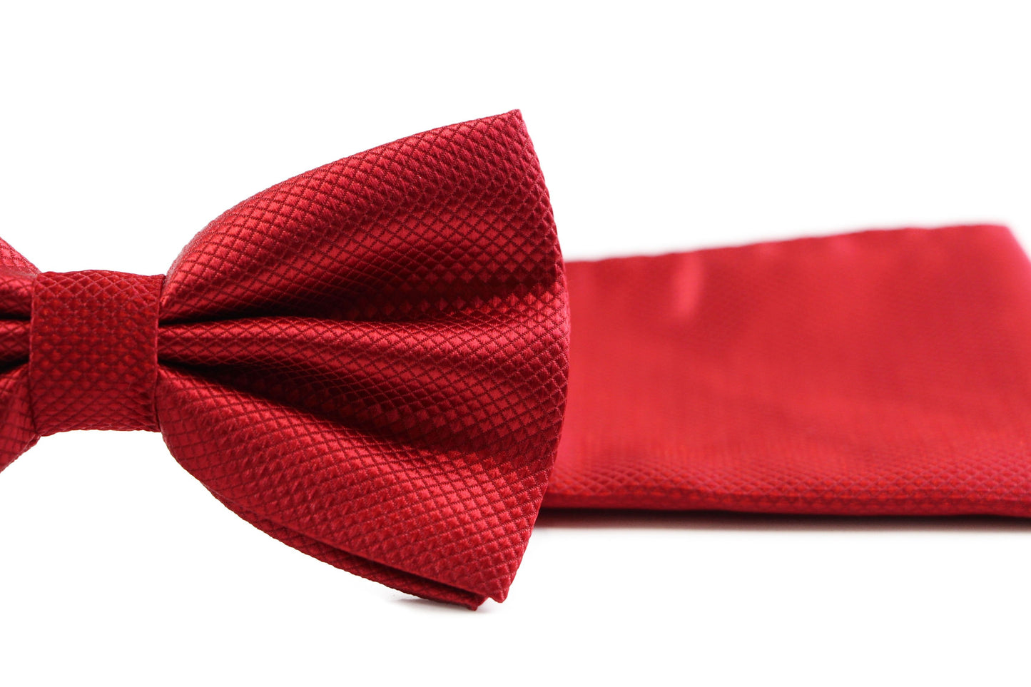 Mens Red Plain Coloured Checkered Bow Tie & Matching Pocket Square Set