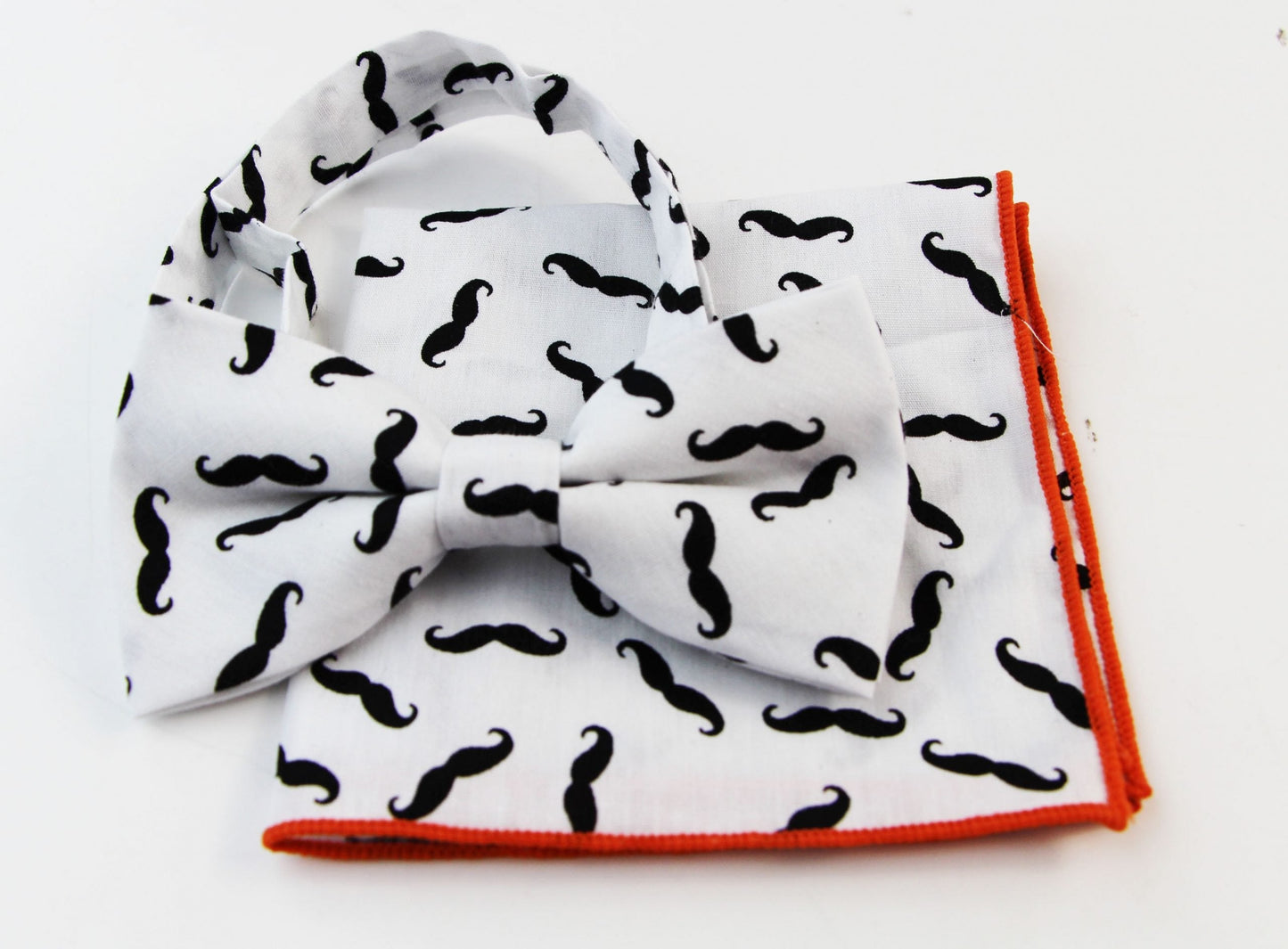 Mens White With Black Moustache Cotton Bow Tie & Pocket Square Set