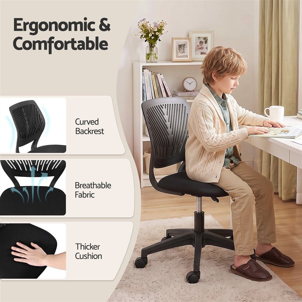Artiss Ergonomic Office Chair Armless Study Chair Height Adjustable for Girls Boys Teens Black
