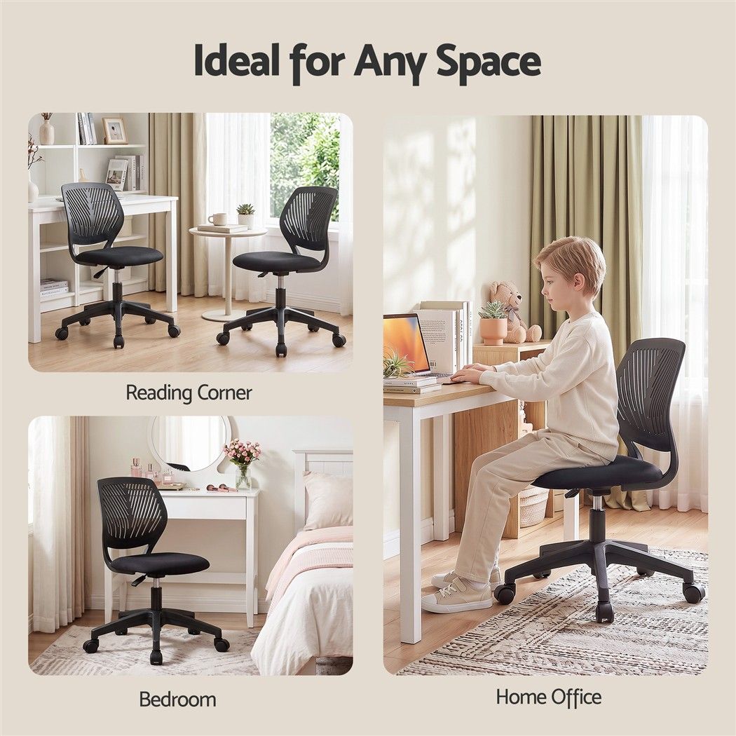 Artiss Ergonomic Office Chair Armless Study Chair Height Adjustable for Girls Boys Teens Black