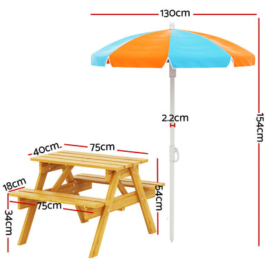 Keezi Kids Outdoor Table and Chairs Picnic Bench Seat Umbrella Children Wooden