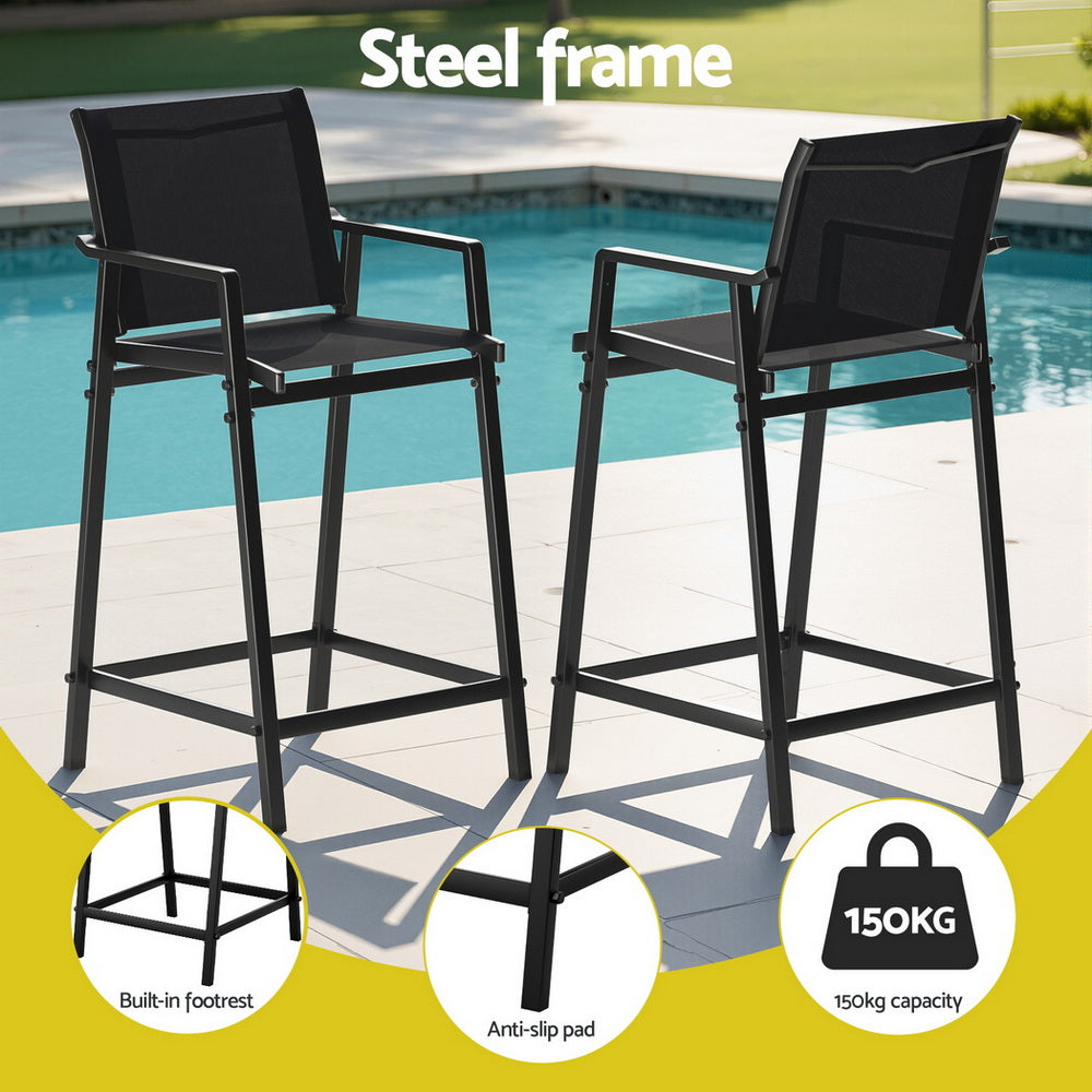 Gardeon 2PC Outdoor Bar Stools Steel Dining Chairs Patio Furniture Garden Black