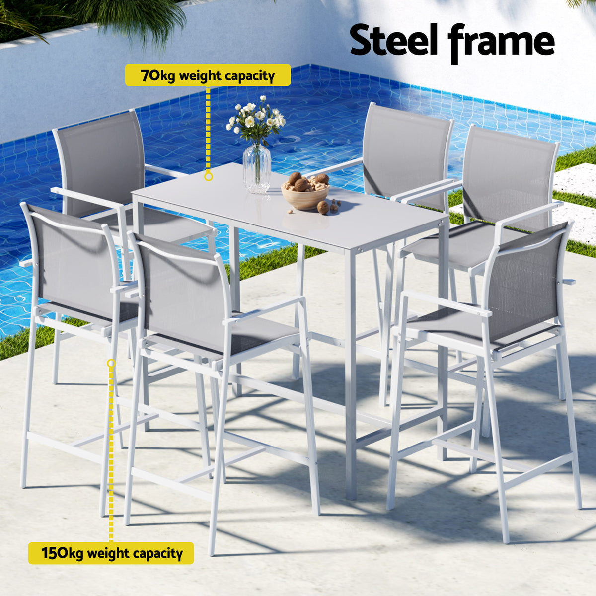 Gardeon 7PCS Outdoor Bar Set Stools Dining Chairs Table Patio Steel Bistro Set White